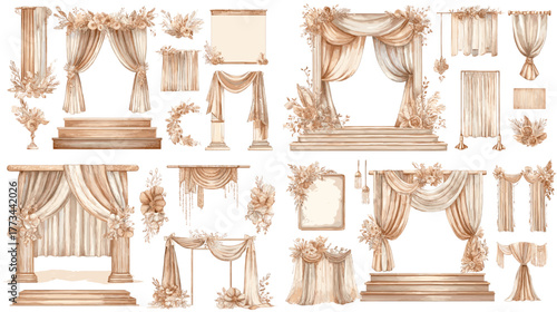 Watercolor illustration of wedding stage decorations, floral drapes, arches, and elegant frames. Ideal for event design, invitation templates, romantic styling, and celebration concepts.