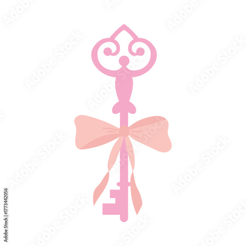 Pink Decorative Key with Bow Graphic. White background, isolate