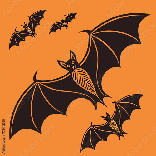 A flock of stylized bats flying on an orange background