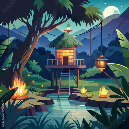 Tranquil jungle oasis with stilt house and campfires