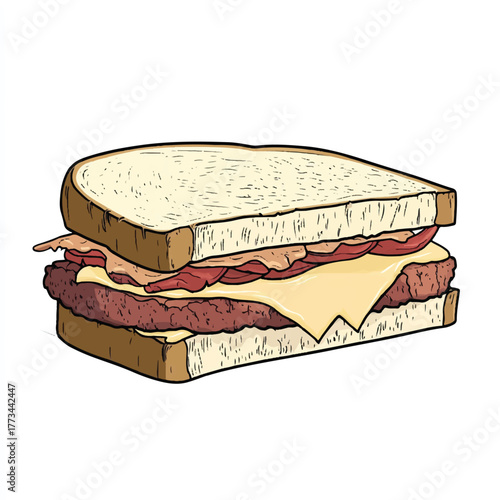 Delicious Bacon Cheeseburger Sandwich on White Bread.