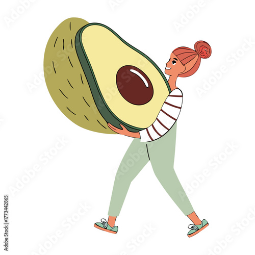 A funny woman holding a avocado furit