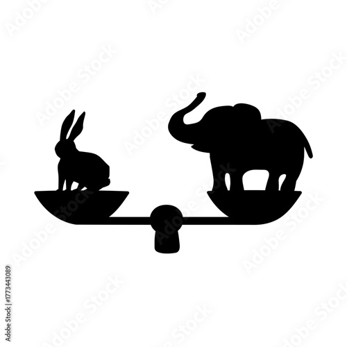 Animal Equality Scales. Vector illustration of balance scales with rabbit and elephant silhouettes. Simple design for animal rights and species equality.