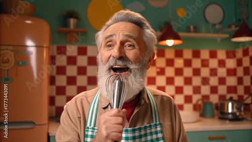Senior man cooking singing joyfully in colorful retro kitchen with apron and whisk