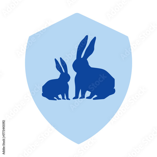 Animal Family Shield. Minimal vector illustration of a protective shield with silhouettes of adult and baby hare. Flat design for family bonds in wildlife.