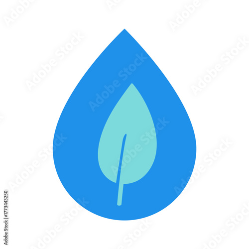 Water Conservation Icon. Flat vector illustration of a water drop with a green leaf inside. Minimal design for ecology, sustainability and resource protection.