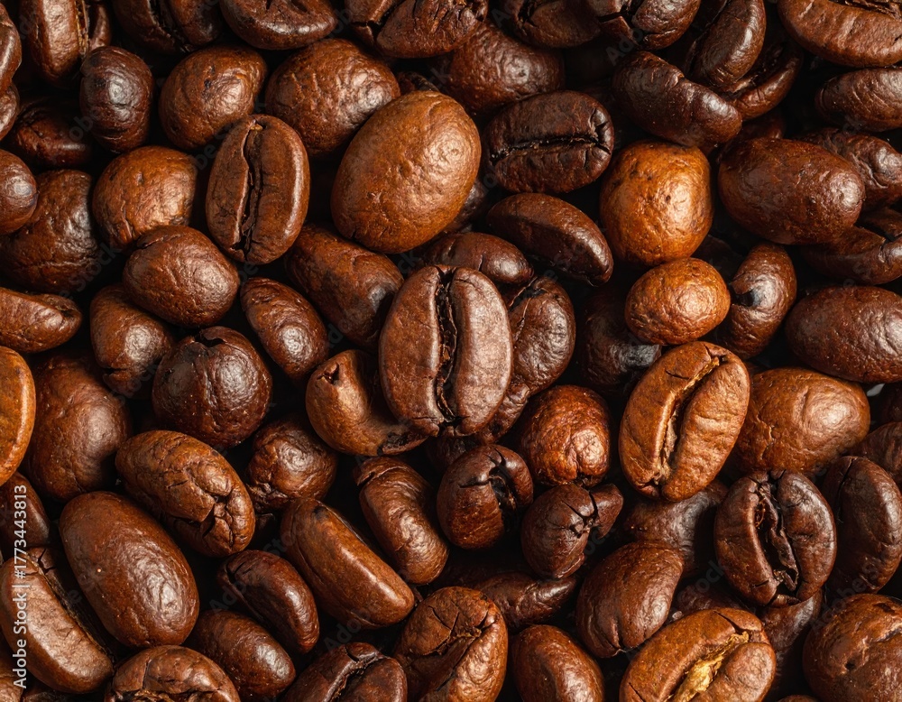 Naklejka premium Close-up of roasted coffee beans in varied shapes and shades