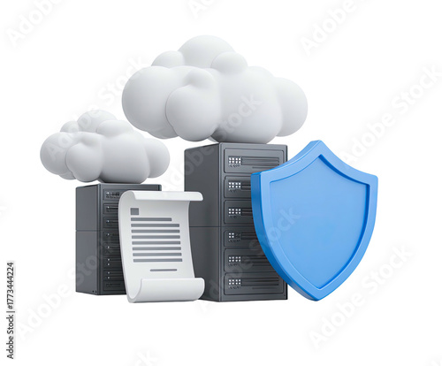 3D rendering of cloud servers, document, and security shield