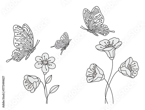 Bio-engineered Butterflies Pollinating Electronic Flowers, Minimalist Vector Art