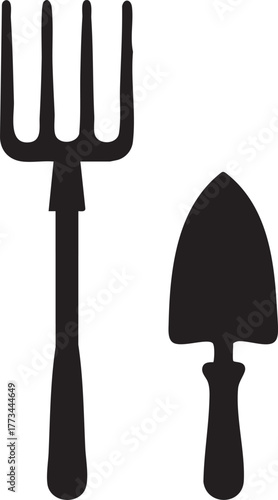 Gardening tools silhouette of pitchfork and trowel isolated on white background