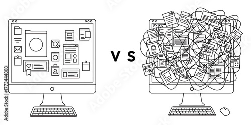 Minimalist Desktop vs Cluttered Workspace Vector Art, Clean Lines, High Contrast