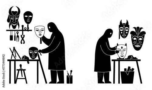 Minimalist Vector Art: Enigmatic Mask Makers for Interdimensional Travelers