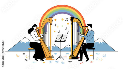 Ethereal Harpists Summoning Rainbows in Alpine Meadows - Minimalist Vector Art