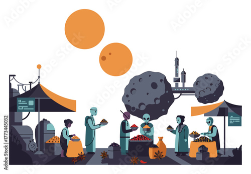 Intergalactic Spice Traders Bartering on Asteroid Markets, Double Suns, Minimalist Vector Art