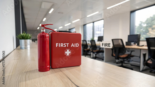 First aid kit and fire extinguisher safety in modern office environment setup
