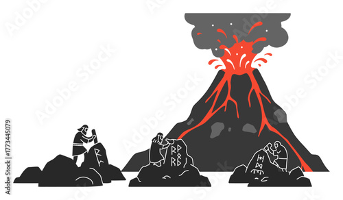 Mystical Rune Carvers Etching Spells on Volcanic Rocks - Minimalist Vector Art