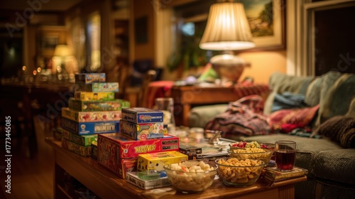 Cozy living room setup with board games snacks and warm lighting for game night