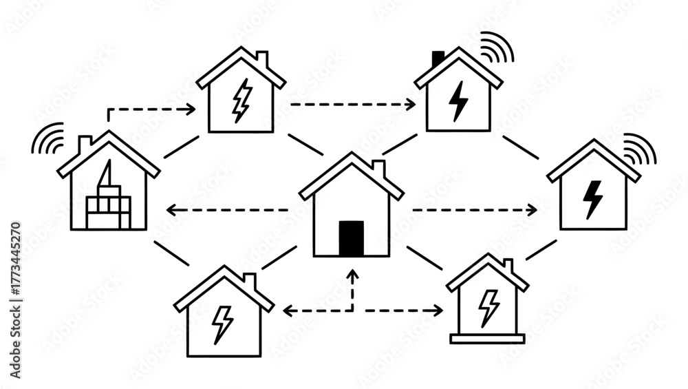 Fototapeta premium Smart Home Energy Sharing Network Vector Icon - Eco-Friendly Technology
