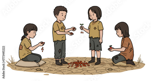 Minimalist Vector Art: Scavenger Children Trading Rare Seeds in a Post-Apocalyptic World