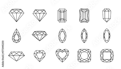 Diamond gem jewel gemstone line icon vector set
