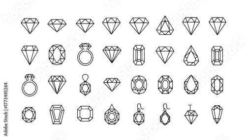 Diamond gem jewel gemstone line icon vector set
