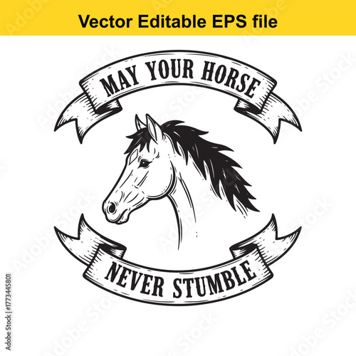 Vintage emblem with a horse head and the text may your horse never stumble