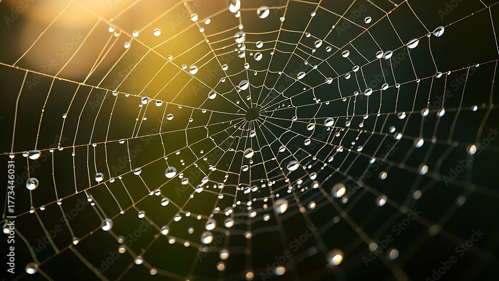 Naklejka premium A spider web with morning dew drops, backlit by soft sunlight. wildlife magazines, conservation campaigns, designed for eco-tourism storytelling, used by chefs.