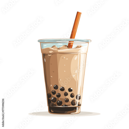 Vector illustration of a cup of pearl milk boba bubble tea with a straw isolated on a white background