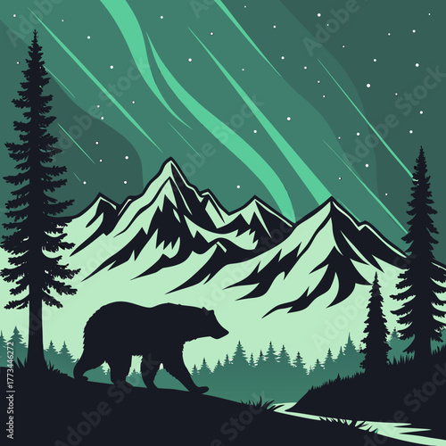 Bear silhouette walking in forest under aurora borealis at night