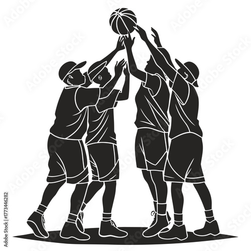Basketball players reaching for ball