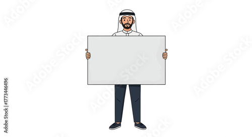 Arab Man Holding Blank White Board for Message or Advertisement.