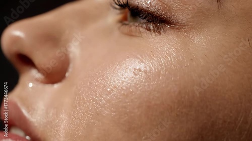 Refreshing water flows gently over a woman's smooth, hydrated face and skin.