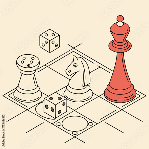 Isometric illustration of chess pieces and dice on a chessboard