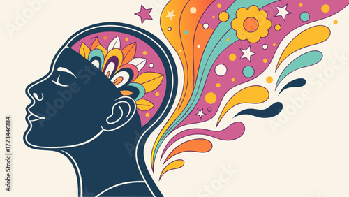 Psychedelic mind, vibrant colors, and retro patterns for creativity
