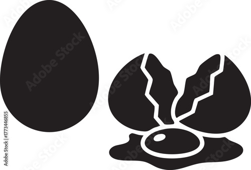 Whole egg and cracked egg silhouette isolated on white background