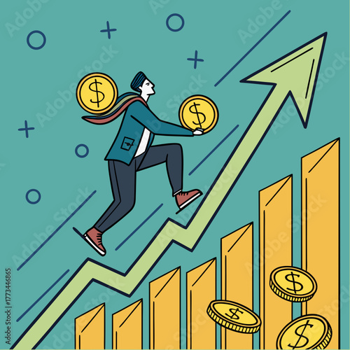 Man climbing up a graph with coins, symbolizing financial growth