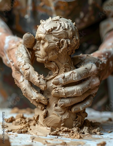 hands sculpting clay figure in creative studio