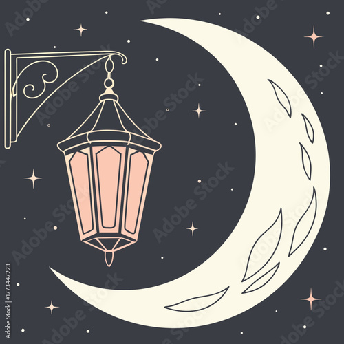 Vintage lantern and crescent moon illustration isolated on background