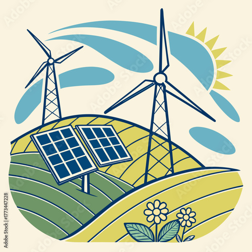 Wind turbine and solar panel on green hill