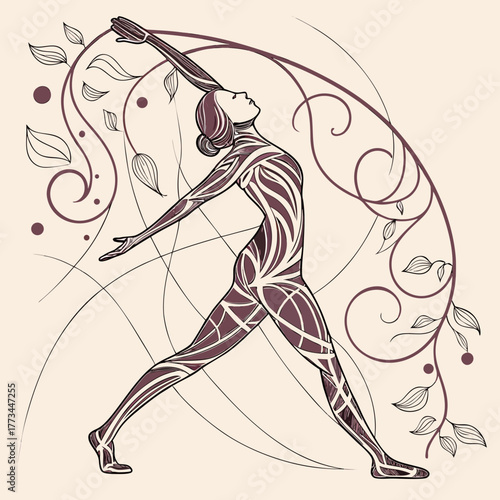 Woman in warrior yoga pose with floral design on a beige backdrop