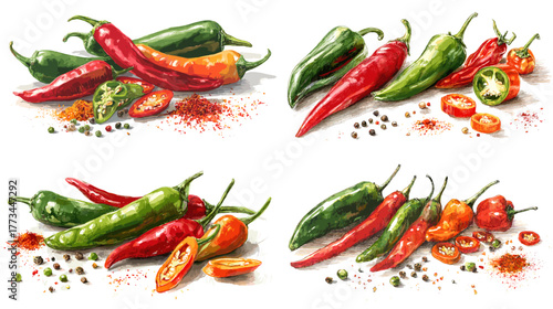 Watercolor illustration of fresh and spicy chili peppers with powder and seeds. Perfect for culinary design, restaurant branding, organic food packaging, and hot spice recipe concepts.
