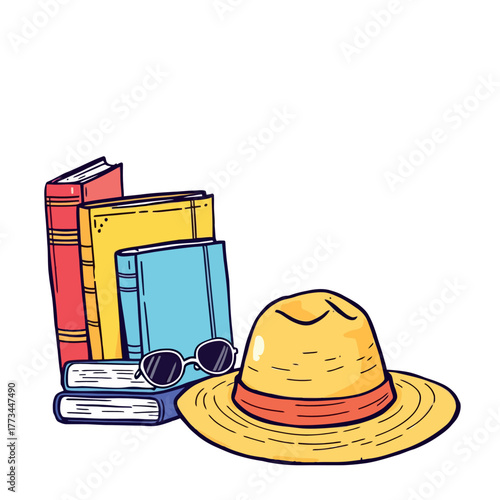 Vsai books, straw hat, sunglasses for summer reading vacation
