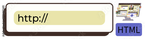 URL highlighted in a browser address bar with a computer screen showing code and HTML button. Ideal for web design, coding, internet, UI, technology, learning, innovation. Simple flat metaphor