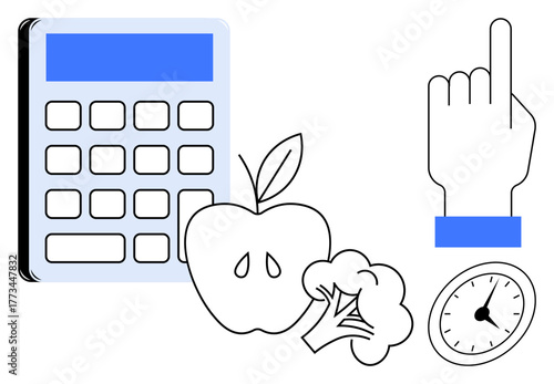 Calculator, apple, broccoli, clock, and hand pointer illustrating health, time management, and dietary balance. Ideal for wellness, nutrition productivity education mindfulness and flat metaphor