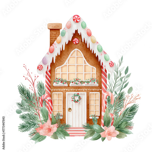 Gingerbread house decorated with candy canes and festive greenery on a black background, perfect for holiday themes