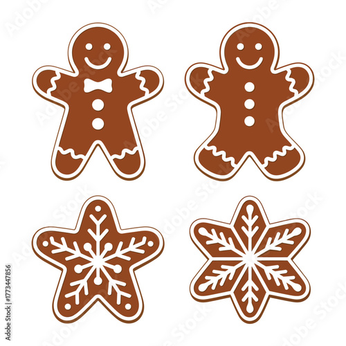 Four decorative gingerbread cookies with festive icing displayed on a white background.