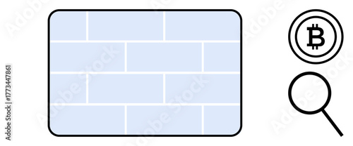 Brick wall symbolizing security, magnifying glass for analysis, Bitcoin logo for cryptocurrency. Ideal for blockchain, privacy, cryptocurrency, internet security, financial analysis, fintech