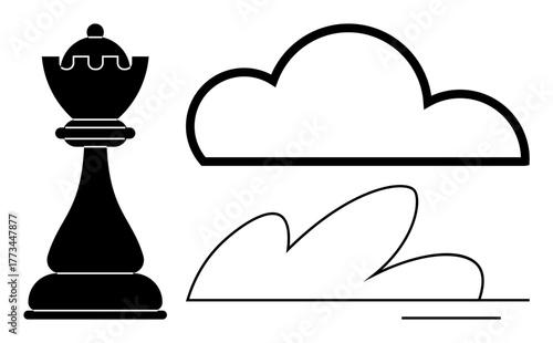 Chess queen beside abstract cloud and wave. Ideal for strategy, power, leadership, creativity, flexibility, planning, decision-making. Simple flat metaphor