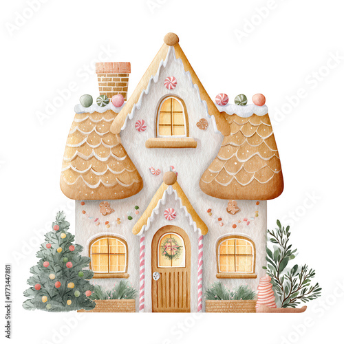 Whimsical gingerbread house adorned with colorful candies and festive decorations, featuring a decorated Christmas tree nearby