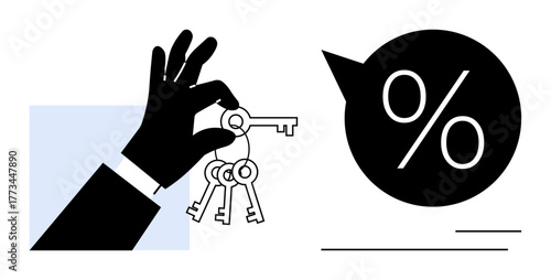 Hand holding several keys next to a percentage speech bubble. Ideal for finance, real estate, loans, mortgages, property management, investment, savings visuals. Simple flat metaphor